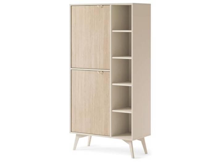 Regal Highboard Vitrinenschrank in beige, Front mit Fischgrätenmuster