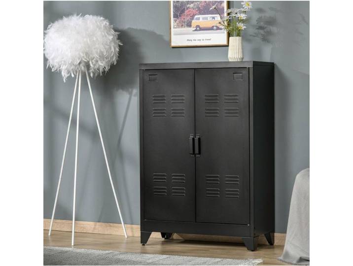 Buffet haut armoire de rangement métal noir à portes persiennes 2 étagères réglables 75x33x110 cm JOINERY
