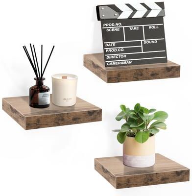 Sorbus 3 Pack Square Mounted Floating Shelves - Rustic Wood Display Ledge Storage Shelf