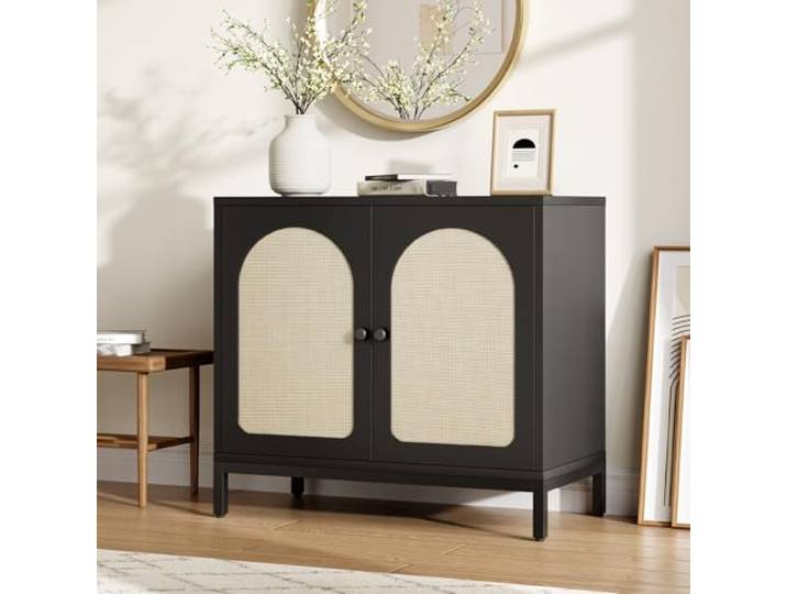 GarveeHome Rattan Sideboard Buffet mit Türen, Schwarz Viel Stauraum mit verstellbarem Regal, elegantes Design für Wohnzimmer, Flur und Esszimmer