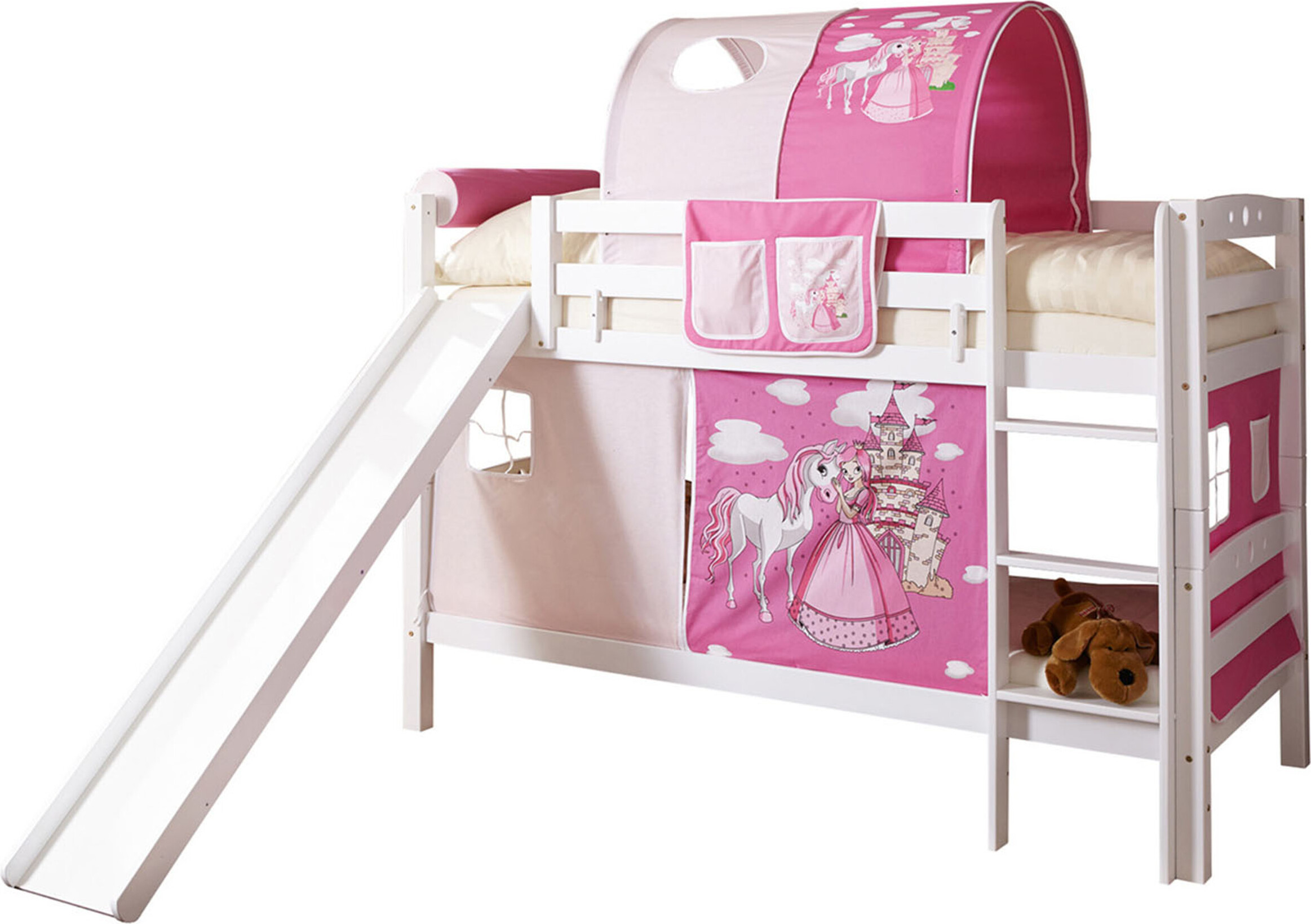 Etagenbett mit Rutsche Doppelbett Lupo Buche massiv Weiss, Vorhangstoff:Horse Pink