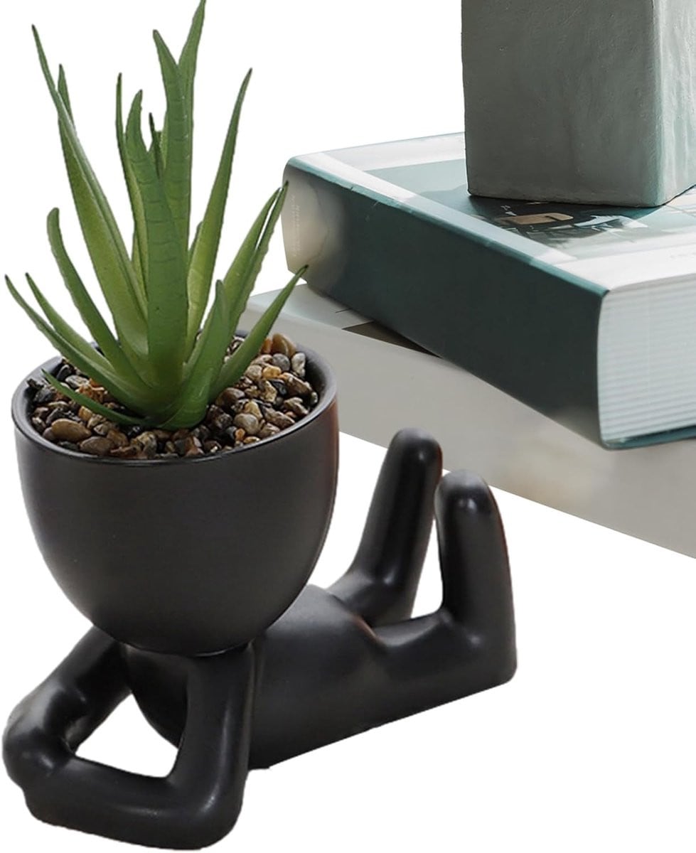 Zwarte keramische figuur bloemvaas voor woondecoratie - Hoogte: 10,3 cm