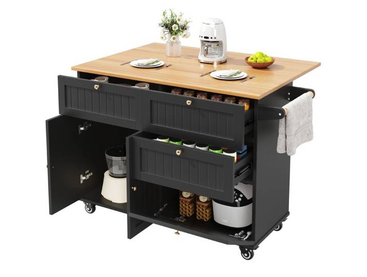 Îlot central extensible noir – MDF et métal – rangement multifonction avec roulettes