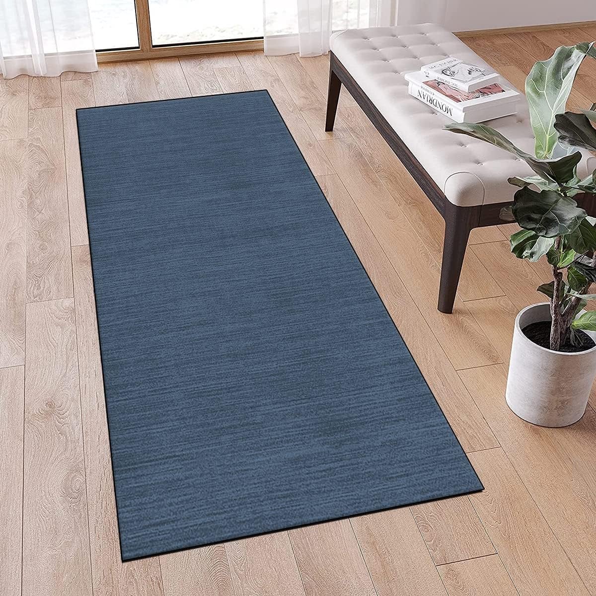 Machinaal geweven vloerkleed runner voor hal, slaapkamer of keuken - Marineblauw - 80 x 200 cm