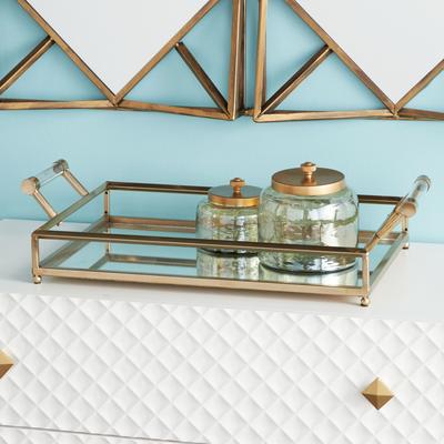 CosmoLiving by Cosmopolitan Gold Metal Mirrored Living Room Decor Tray with Acrylic Handles