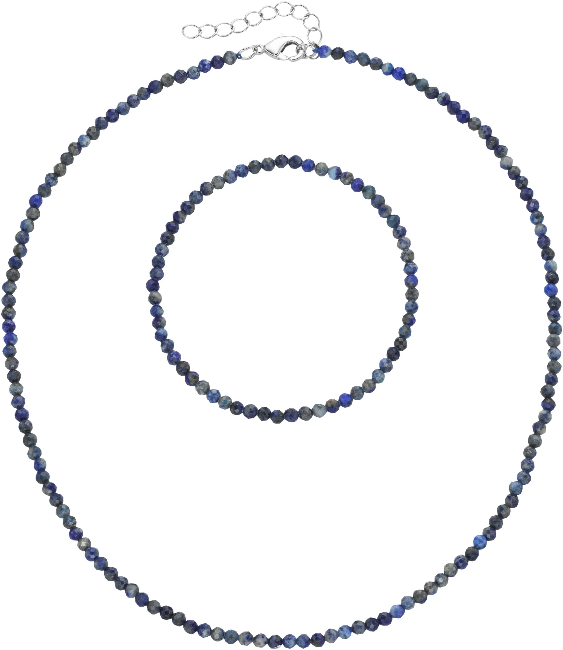 Ketten und Armband Set FIRETTI "Multipack Schmuck Geschenk Armkette Halskette", bunt (silberfarben, dunkelblau, dunkelblau), Schmuck_Sets, Damen, Elasthan, Messing, Polyester, Ketten und Armband Set, facettierte Edelsteine silberfarben, dunkelblau, dunkel