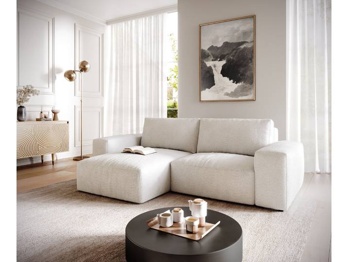 DELIFE Ecksofa Lanzo 230x155 cm Bouclé Creme-Weiß Recamiere variabel, Ecksofas