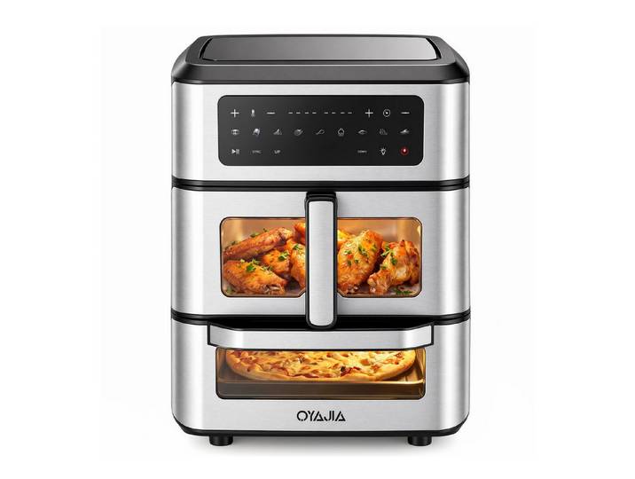 oyajia Heißluftfritteuse 2 Kammern Airfryer mit Pizzaprogramme, 9 voreingestellte Programme,Touchdisplay, Sichtfenster, Unabhängige Temperaturregelung, 2800,00 W