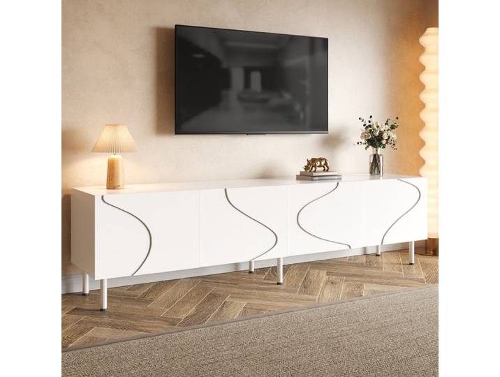 Piaenon - Meuble TV rectangulaire 170x35x50cm avec 4 Portes 60kg Rangement Design moderne Salon - Blanc
