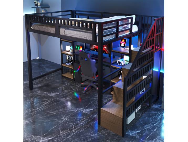 Lit Adulte Mezzanine 140x200 Métal Avec Bureau Noir Havrya