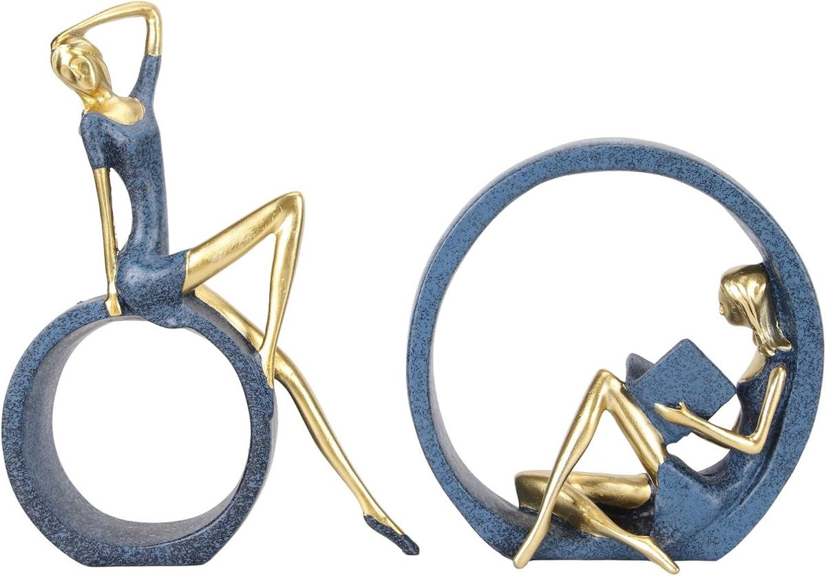 Blauw Meisje Beeldje - Yoga Ornament - Moderne Sculptuur voor Woonkamer Decoratie