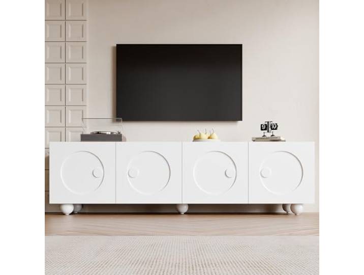 FammyLoft TV-Schrank mit Runde Füße, TV-Lowboard für Fernseher bis zu 80 Zoll, Moderner Fernsehtisch mit Mehrtüriger Stauraum, TV Sideboard, für Wohnzimmer/Schlafzimmer, 180,5 x 38 x 50 cm, Weiß