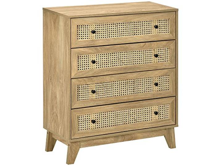 HOMCOM Rattan-Kommode 4 Schubladen mit konischen Beinen, Natur Aufbewahrungseinheit, Schlafzimmer-Kommode mit Organizer, für Nachttisch, Eingangsbereich, Flur, Wohnzimmer