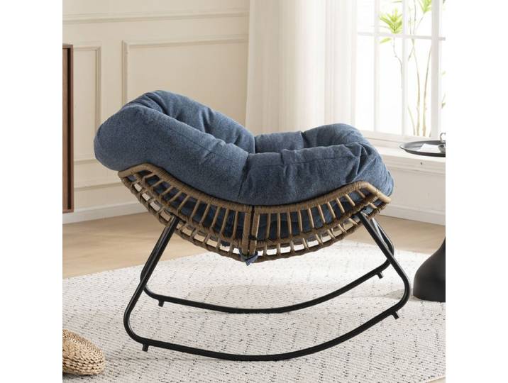 Fauteuil à bascule - ZEVKOR - Chenille bleu - 1 place - Cadre métal robuste - Relaxation avec accoudoirs
