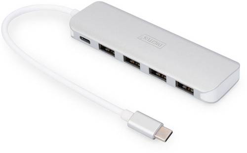 Digitus DA-70242-1 USB-Hub 4+1 Port USB-A USB 3.0 5 GBit/s mit Schnellladeport, mit USB-C Stecker, mit Aluminiumgehäuse Silber DA-70242-1