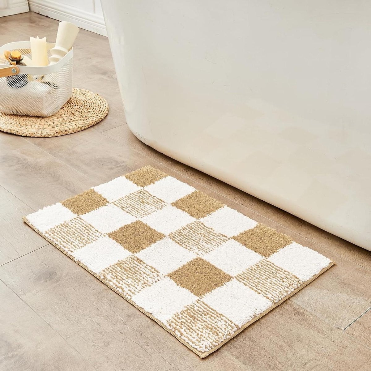 Ultra zachte beige geruite badmat van pluche - 81 x 50 cm