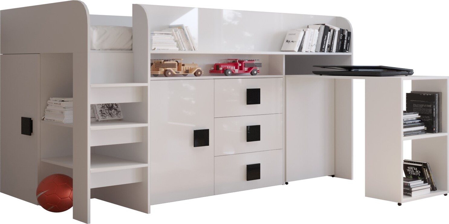 Etagenbett für Kinder Toledo 1 Stockbett mit Treppe und Bettkasten (Weiß + Weiß Glanz + schwarze Griffe)