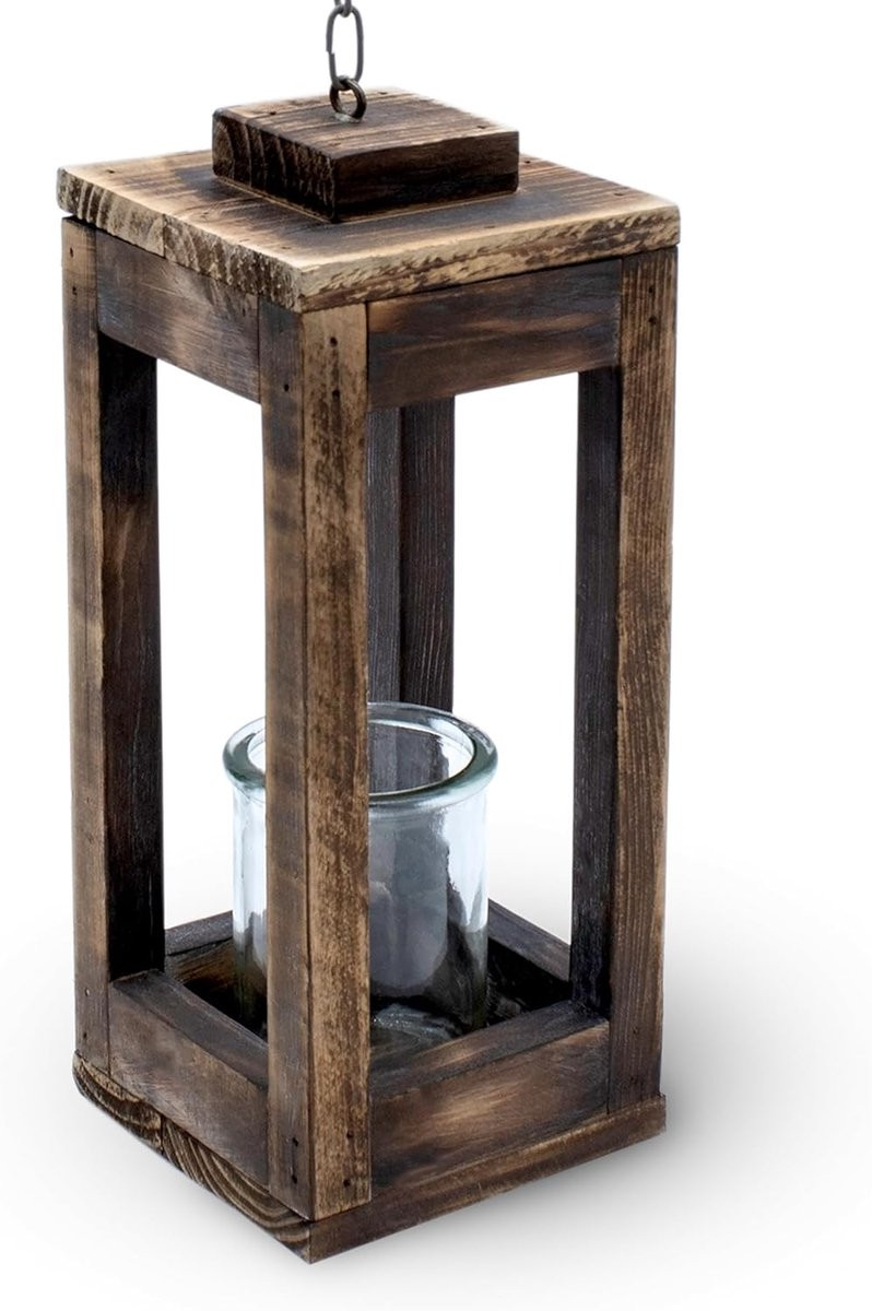 Houten Lantaarn Decoratieve Lamp met Metalen Ketting Natuurlijk Hoogte: 31 cm