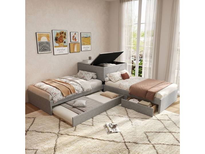Lit gigogne - SOGEU - Lit gigogne 90x200 cm - Lin gris - Rangements intégrés - 3 couchages