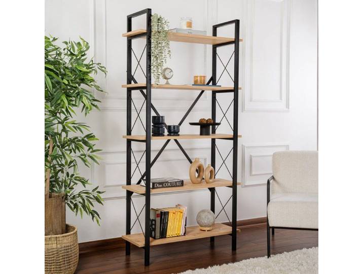 Etagère 5 niveaux 90x33 5x180 cm décor chêne et noir