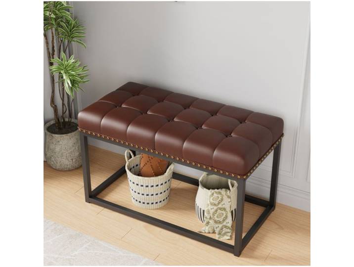 Banc vintage capitonné en simili cuir avec structure métal industrielle marron et noir