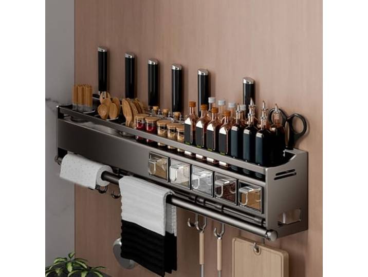 Giural 68cm,Gewürzregal Wand mit Küchenrollenhalter und Haken und Gewürzbox, Küchenregal Ohne Bohren aus Metall, Spice Rack, Gewürz Organizer Hängend für Küchen und Bad Organizer