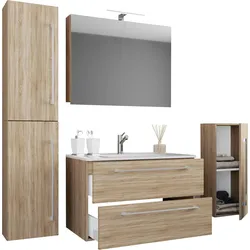 VCM 5-tlg. Waschplatz "Badinos 2 Schubfächer" Mit Spiegelschrank und Midi- / Hochschrank Sonoma-Eiche
