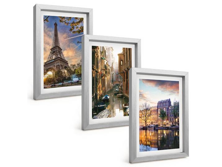 BILDER SET 3er Set - 20x30 cm Silberner Rahmen - Eiffelturm Venedig Amsterdamer Kanäle