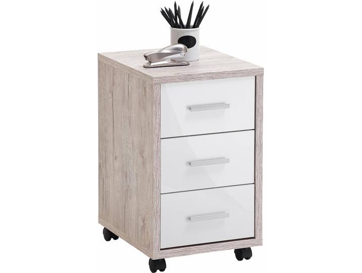 Rollcontainer FMD Diego 2 , bunt (sandeichefarben, weiß hochglanz), B:35cm H:59cm T:42cm, Holzwerkstoff, Rollwagen, Rollcontainer, Rollcontainer, Bürocontainer, 3 Schubladen, auf Rollen, Breite 35 cm