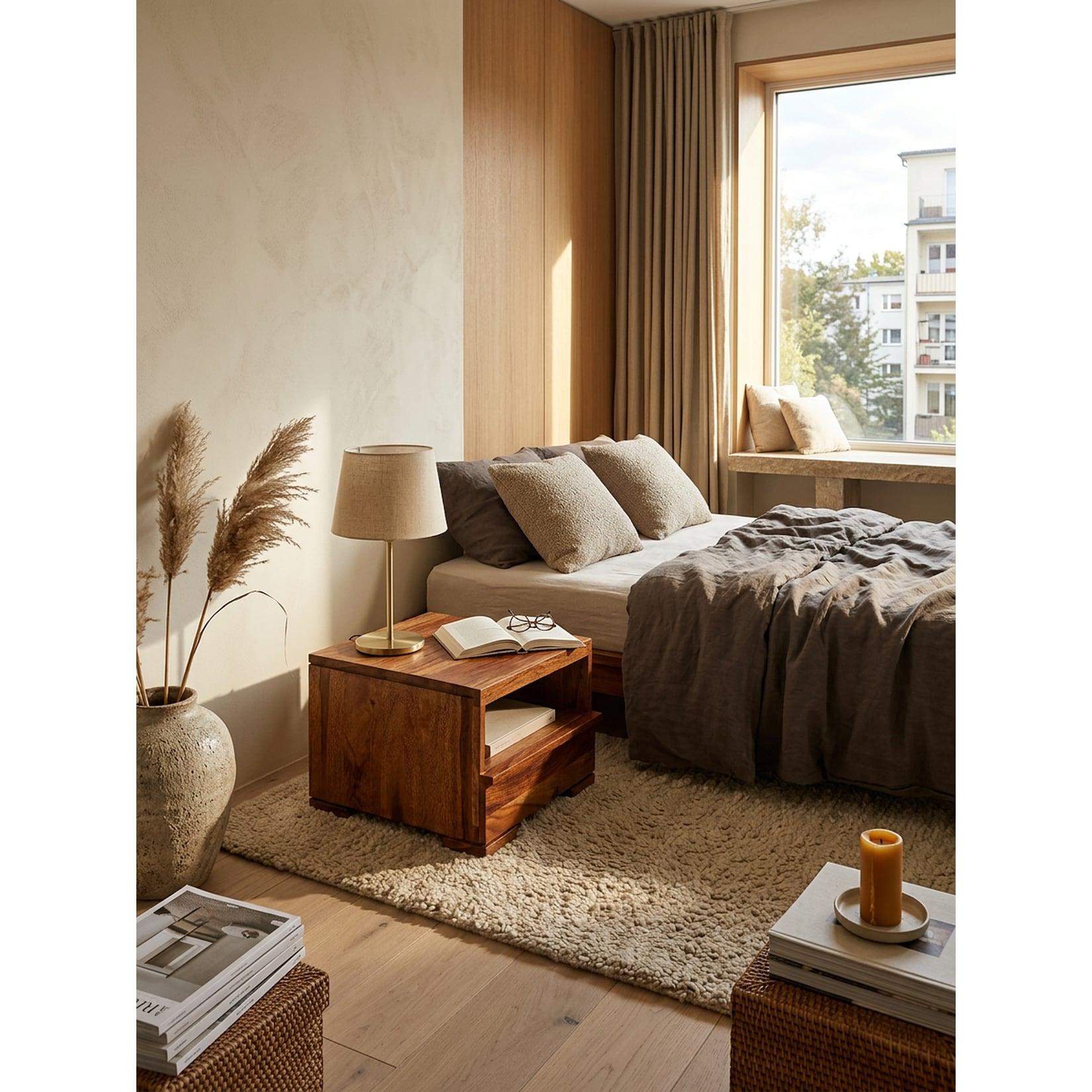 Nachttisch Massivholz Schublade Ablage Landhausstil MUMBAI, Dunkelbraun 40x40x30 cm