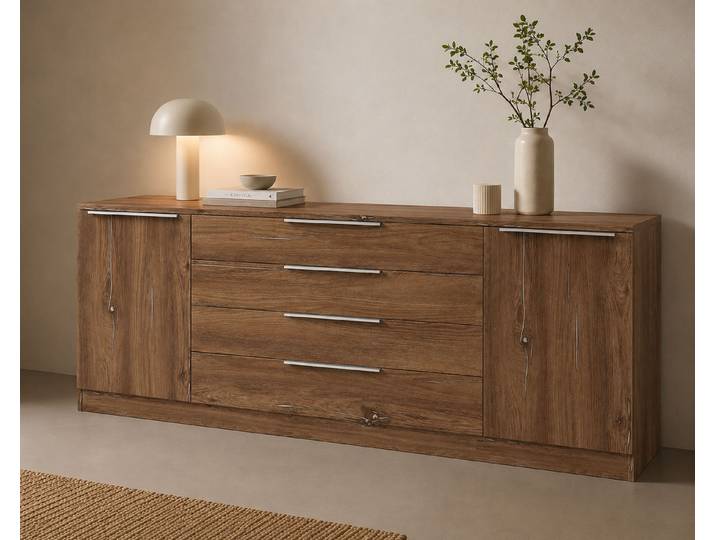 Kommode BORCHARDT MÖBEL Oliva, Kommode mit Metallgriffen , braun (eichefarben vintage), B:200cm H:78cm T:35cm, Holzwerkstoff, Sideboards, Kommode, Breite 200 cm, mit 4 Schubkästen
