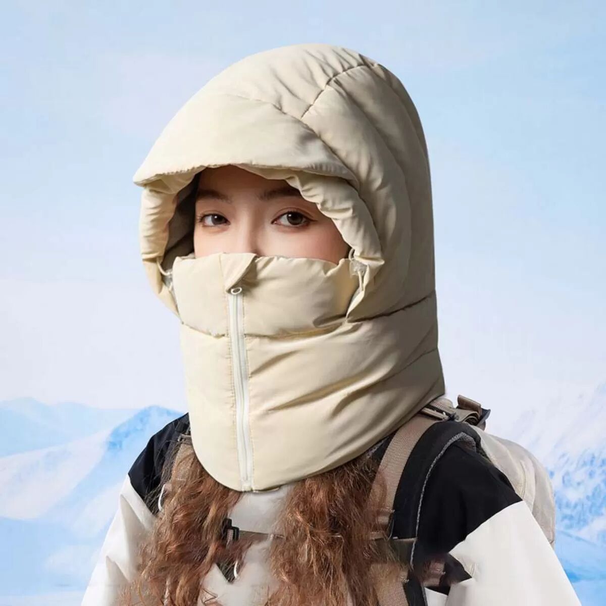 INF Cagoule d'hiver avec masque facial et cache-cou - Compatible avec les casques de vélo Beige