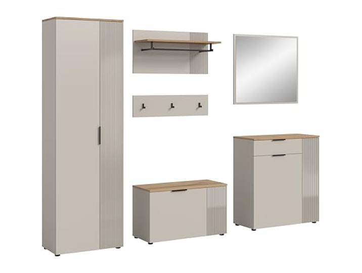 xonox.home - Garderobenkombination Slide 5 TLG. 250x190x36 cm in Korpus Kaschmir und Evoke Oak Nachbildung - Garderobenschrank Garderobenset Flurmöbel-Set Flursystem Stauraumlösung