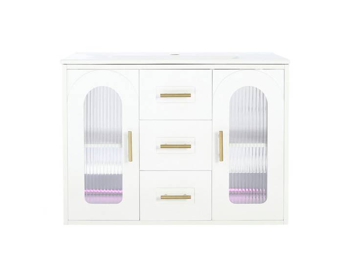 Flieks Badezimmerschrank Wandmontiert Waschbecken LED Glasfront 76cm, Weiß, 76x55x46 cm, Badezimmer, Badmöbel, Waschbeckenunterschränke