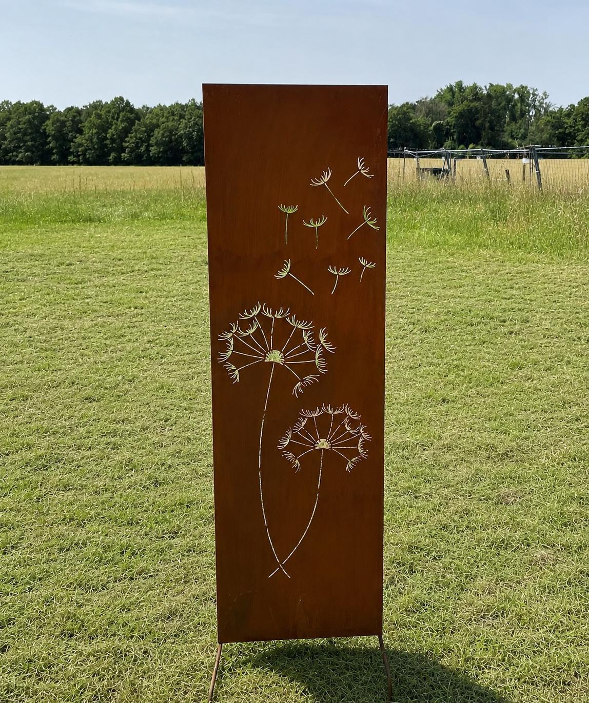 Weerbestendig metalen tuinbord met paardenbloemmotief als privacy scherm en roomdivider, B/D/H: 115 x 35 cm