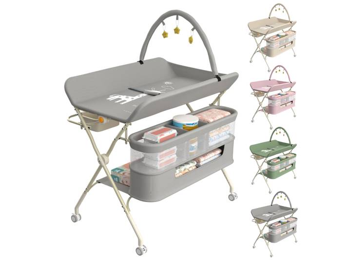 Table à langer pliante 4 en 1, unité à langer Mobile, Station à langer réglable en hauteur avec arc à jouets et panier de rangement