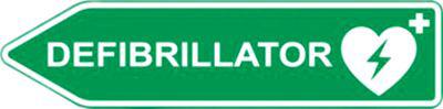 Defibrillator-AED-Standort-Straßenschild, Pfeilform, linksweisend, nachtleuchtend, wetterfest, Dibond-Druck, L 600 x H 150 mm, grün-weiß