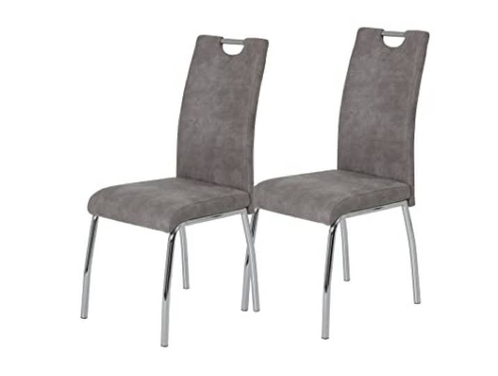 Hela Tische, 2er Set Esszimmerstuhl Küchenstuhl Susi, Mikrofaser Vinatge Grau, Metallgestell + Griff Chrom