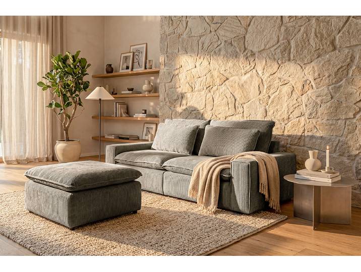 Polsterhocker 90 x 46 x 90cm Grau Cordstoff Rabia: Hell-Taupe