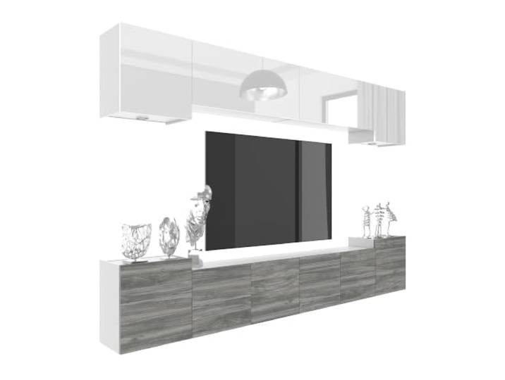 Belini Milano 4 Wohnwand TV-Schrank 300cm Weiß Hochglanz/Grau Matt Wohnwand mit grifflosem System, weiße Korpusse, DECOR ECONATURA kratzfest, Gasliftsystem, Wandmontage, Anbauwand, TV-Möbel