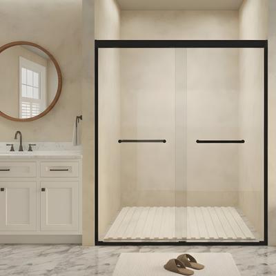 Tempered glass (with safety film), aluminum-framed double-sliding shower door, 1/4 inch (6 mm) thick, stainless steel handle