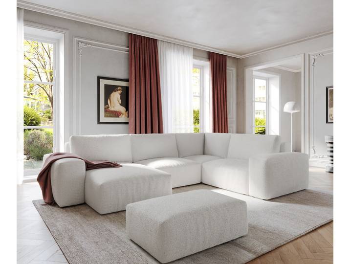 Wohnlandschaft Lanzo 300x210 cm Bouclé Creme-Weiß Recamiere variabel mit Hocker, Wohnlandschaften