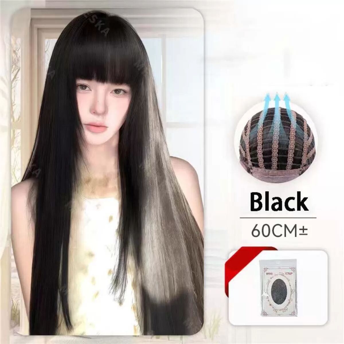INF Full Long Straight Wig 60cm mit Perückenkappe - Hochtemperatur-Faser, Natürlich Voluminöser Lolita-Stil Schwarz
