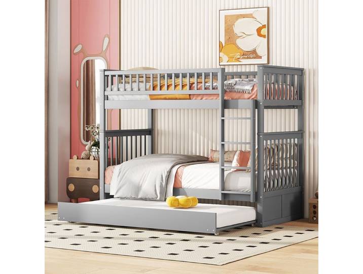 lits triples SEYAKANY 90 x 200cm Lits superposés lits pour enfants avec lit gigogne garde-corps hauts escaliers stables gris