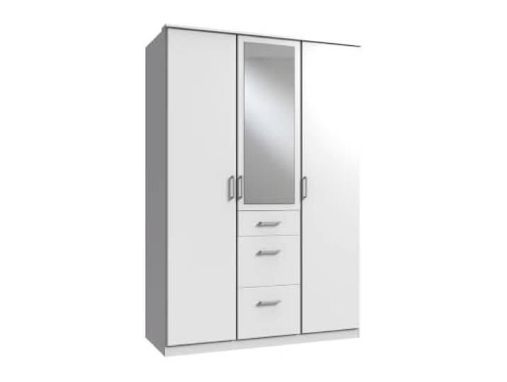 Kleiderschrank Click in Weiß 3türig 135 cm Breite, Mit Spiegel, Drei Drehtüren, 199 x 58 cm