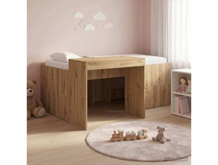 RJPLMFV Hochbett für Kinder, Büro, Eiche Langlebiges Holz, robuste Latten, integrierter Schreibtisch, modernes Design, einfache Montage