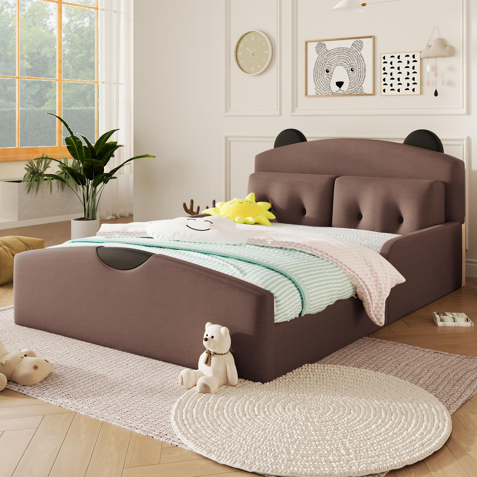 Plattformbett 140 x 200 cm mit Bären-Kopfteil, 2 Zierkissen und gepolsterter Rückenlehne, Kinderbett, Jugendbett, Gästebett, Leinenbezug