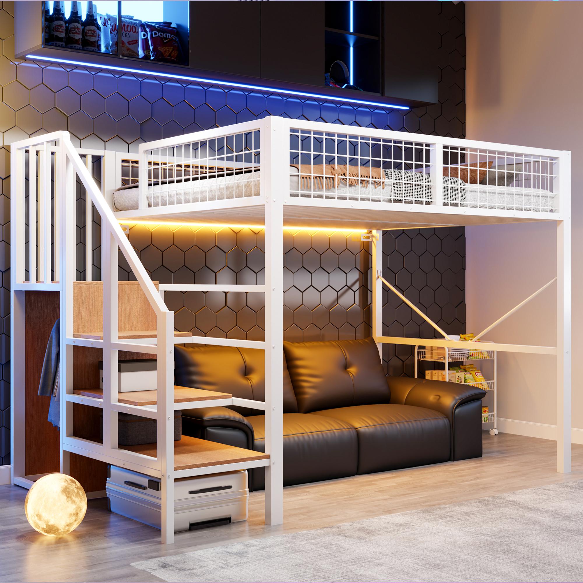 Merax Metall-Hochbett Etagenbett 140×200 cm mit Stauraumleiter, Kinderbett mit LED-Beleuchtung und Sicherheitsgitter, 144cm Freiraum, Holz, Weiß