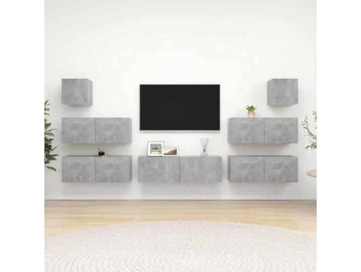 HEFZGDB 7-TLG. TV-Schrank-Set Betongrau Holzwerkstoff mit modernem Design und großem Stauraum, robuste Wandmontage für Wohnzimmer Aufbewahrung, Zeitlose Ergänzung als HiFi-Schrank