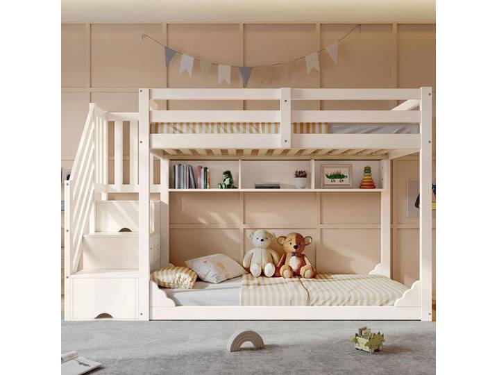 Lit superposé enfant 90x200 cm blanc armoire escalier rangement bois frères sœurs sécurité sans matelas